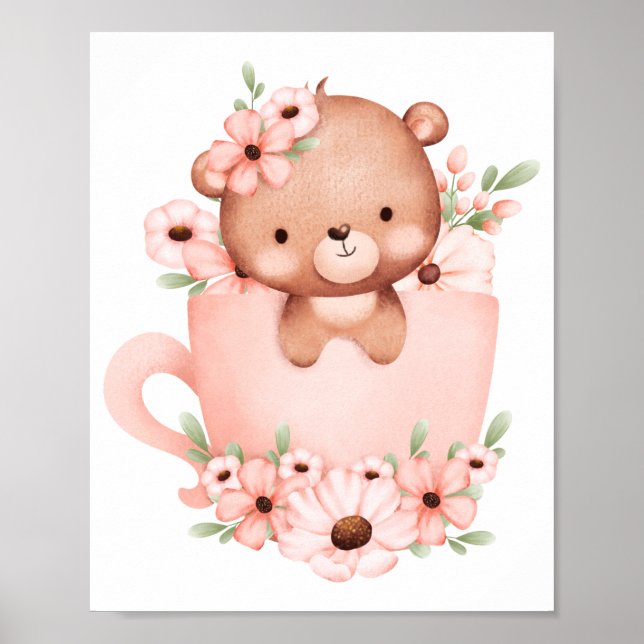 Cute pink teddy bear in a cup with flowers  poster (Front)