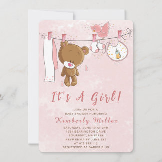 Cute Pink Teddy Bear It's A Girl Baby Shower Invitation