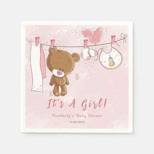 Cute Pink Teddy Bear Its A Girl Baby Shower Napkins