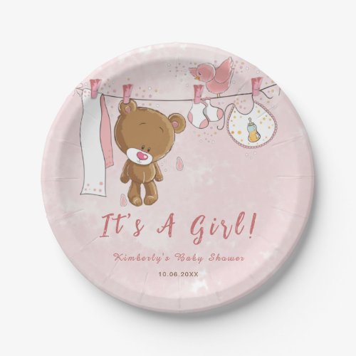 Cute Pink Teddy Bear Its A Girl Baby Shower Paper Plates