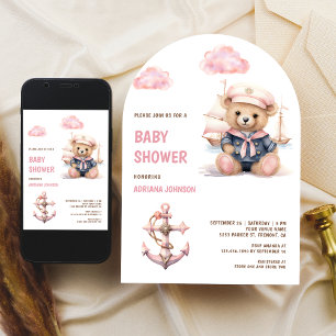 Cute Pink Teddy Bear Nautical Girl Baby Shower Invitation