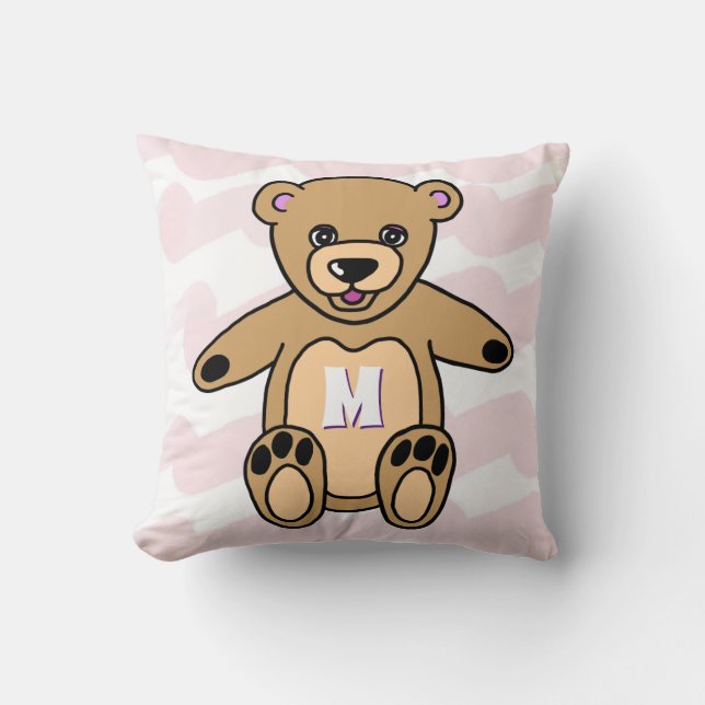 Cute Pink Teddy Bear Pattern Monogram Throw Pillow (Front)