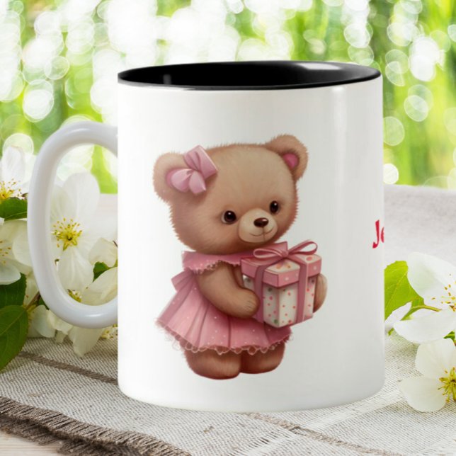 Cute Pink Teddy Bear Personalized  Two-Tone Coffee Mug (Creator Uploaded)