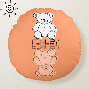 Cute Pink Teddy Bear Reflection Doodle Custom Name Round Pillow