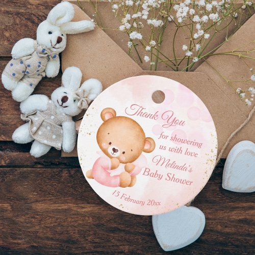 Cute pink teddy bear with a pillow baby shower favor tags