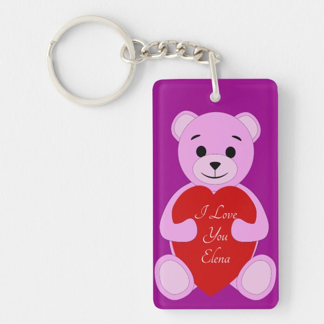 Cute Pink Teddy Bear with I Love You (Enter Name) Keychain (Front)