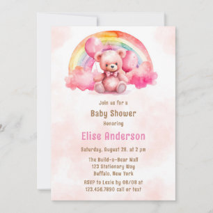 Cute Pink Teddy Bear with Rainbow Girl Baby Shower Invitation
