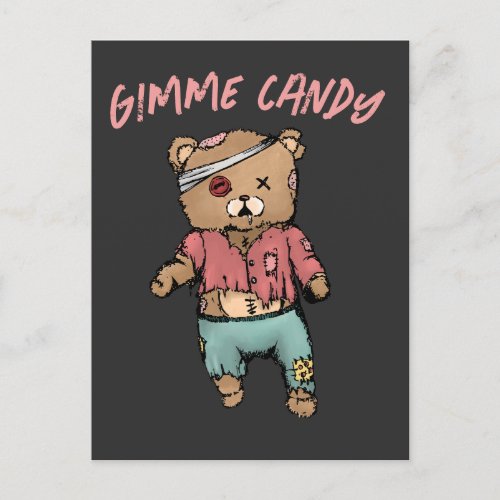 Cute Pink Teddy Bear Zombie Gimme Candy Halloween Postcard
