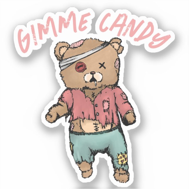 Cute Pink Teddy Bear Zombie Gimme Candy Halloween Sticker (Front)
