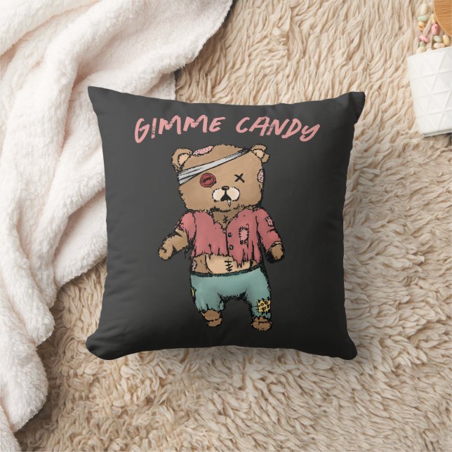 Cute Pink Teddy Bear Zombie Gimme Candy Halloween Throw Pillow (Blanket)