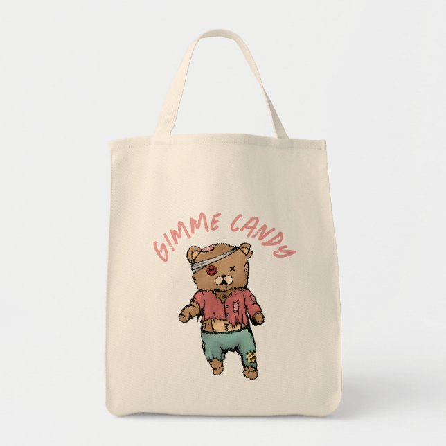 Cute Pink Teddy Bear Zombie Gimme Candy Halloween Tote Bag (Front)
