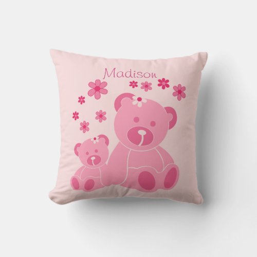 Cute Pink Teddy Bears and Flowers Personalised Throw Pillow