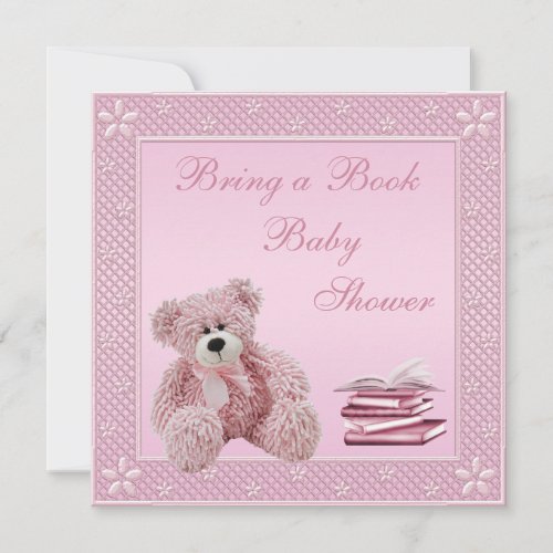 Cute Pink Teddy Bring a Book Baby Shower Invitation