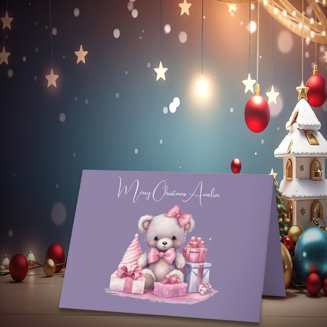 Cute Pink Teddy Daughter Christmas Card (Front)