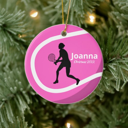 Cute Pink Tennis Ball &amp; Girl Player Coach Sporty Ceramic Ornament