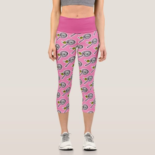Cute pink tennis racket sports high waist capri leggings