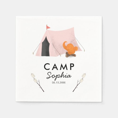 Cute Pink Tent Camping Birthday Party Napkins