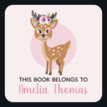 Cute Pink 'This Book Belongs' Floral Deer Kids Square Sticker<br><div class="desc">These cute and girly kids bookplate 'this book belongs' stickers feature a beautiful woodland deer with watercolor flowers. This lovely floral design also features a place for you to add your girls name. The perfect pink reindeer design for your little one's school supplies!</div>