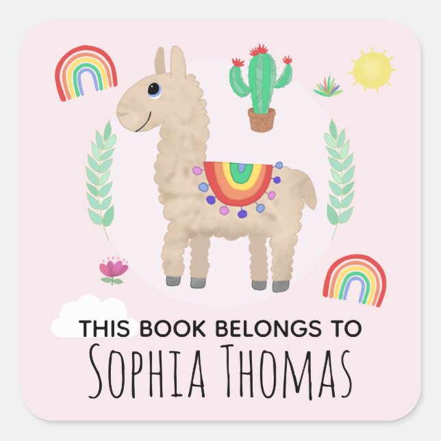 Cute Pink 'This Book Belongs' Llama Kids Bookplate (Front)