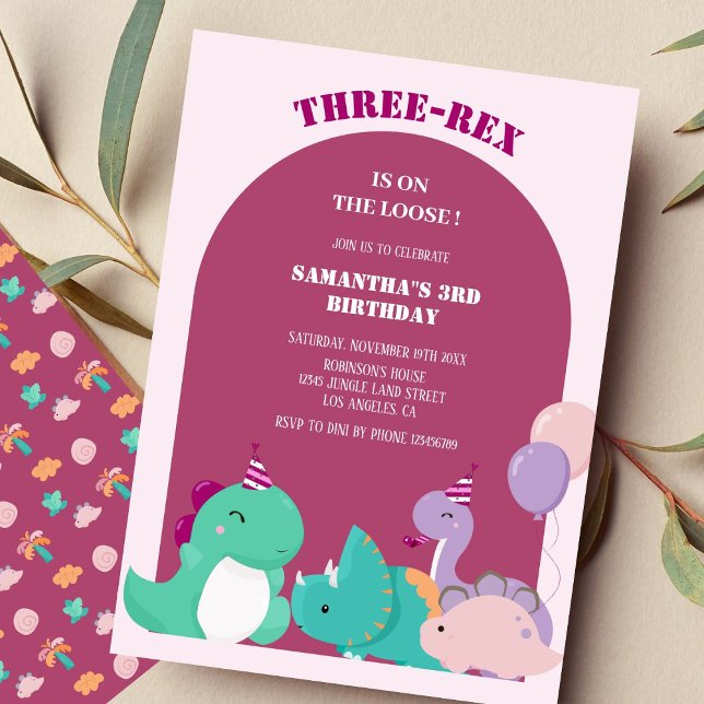 Cute pink three-rex 3rd dinosaur birthday  invitation (Creator Uploaded)