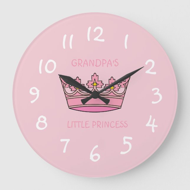 Cute Pink Tiara Grandpa's Little Princess Child's Large Clock (Front)