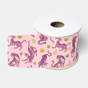 Cute Pink Tigers Tropical Leaves Abstract Animal Grosgrain Ribbon