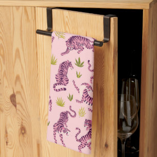 Cute Pink Tigers Tropical Leaves Abstract Animal Kitchen Towel