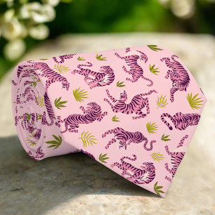 Cute Pink Tigers Tropical Leaves Abstract Animal Neck Tie