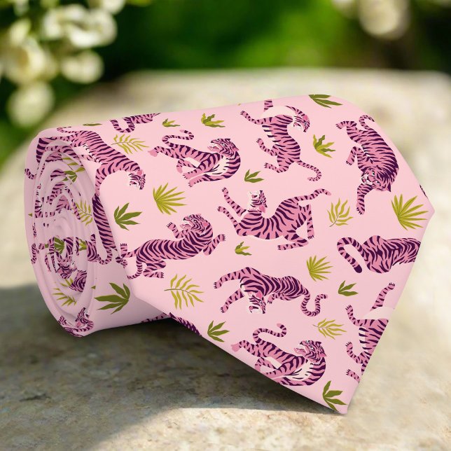 Cute Pink Tigers Tropical Leaves Abstract Animal Neck Tie (Creator Uploaded)