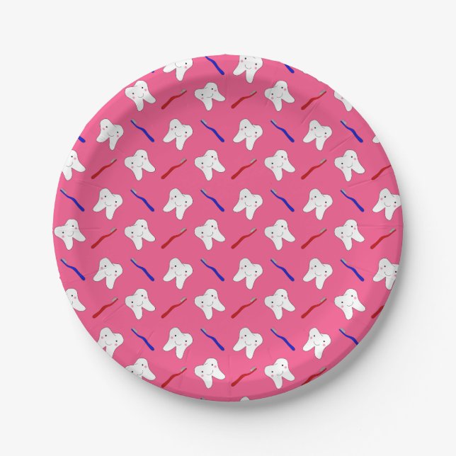 Cute pink toothburshes and teeth pattern paper plates (Front)