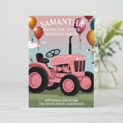 Cute Pink Tractor Birthday Card 