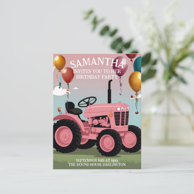 Cute Pink Tractor Birthday Card  (Standing Front)