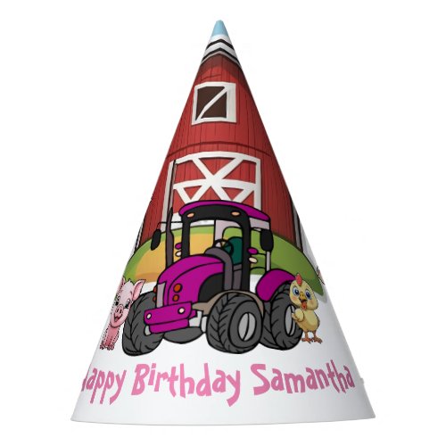 Cute Pink Tractor Farmyard Animal Birthday Party Hat