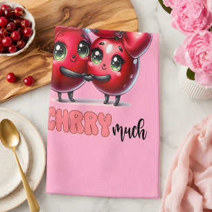 Cute Pink Trendy Red Cherry Couple Kitchen Towel