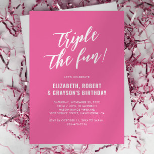 Cute Pink Triple The Fun Joint Birthday Party Invitation