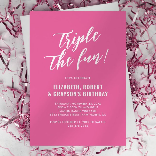 Cute Pink Triple The Fun Joint Birthday Party Invitation (Creator Uploaded)