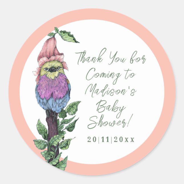 Cute Pink Tropical Birds Jungle Baby Shower  Classic Round Sticker (Front)