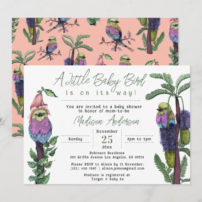 Cute Pink Tropical Birds Safari Themed Baby Shower Invitation (Front/Back)