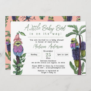 Cute Pink Tropical Birds Safari Themed Baby Shower Invitation