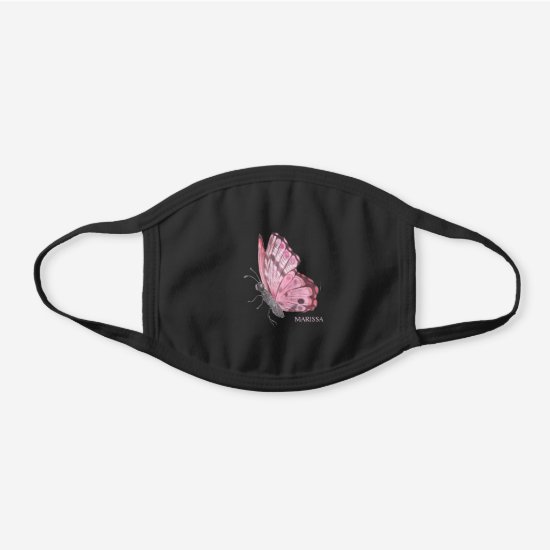 Cute Pink Tropical Butterfly Monogram Black Cotton Face Mask