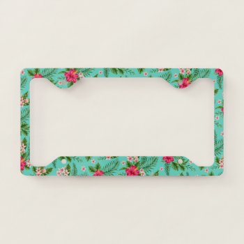 Cute Pink Tropical Hibiscus Flower On Turquoise License Plate Frame by All_In_Cute_Fun at Zazzle