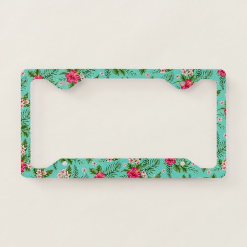 Cute Pink Tropical Hibiscus Flower On Turquoise License Plate Frame