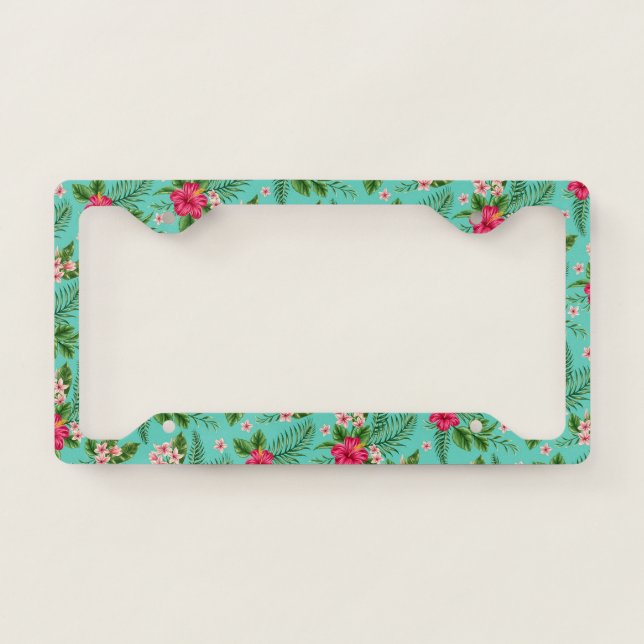 Cute Pink Tropical Hibiscus Flower On Turquoise License Plate Frame (Front)