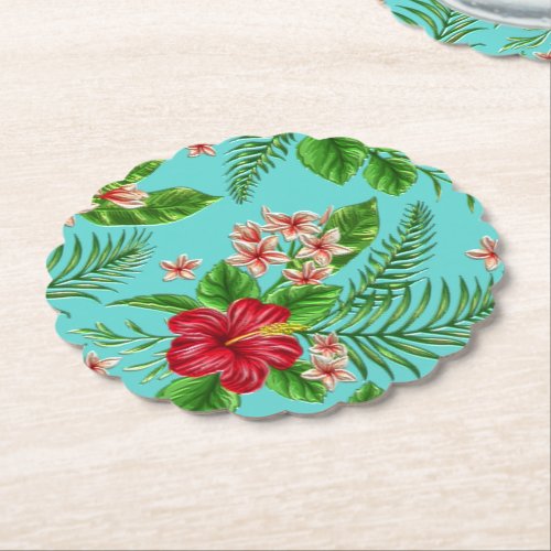Cute Pink Tropical Hibiscus Flower On Turquoise Paper Coaster