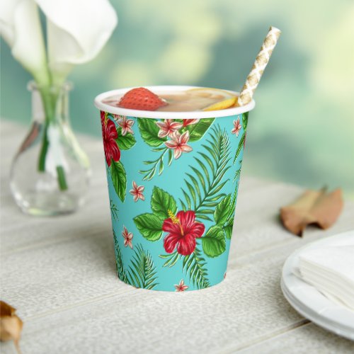 Cute Pink Tropical Hibiscus Flower On Turquoise Paper Cups