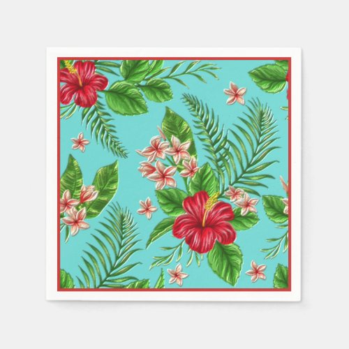 Cute Pink Tropical Hibiscus Flower On Turquoise Paper Napkins