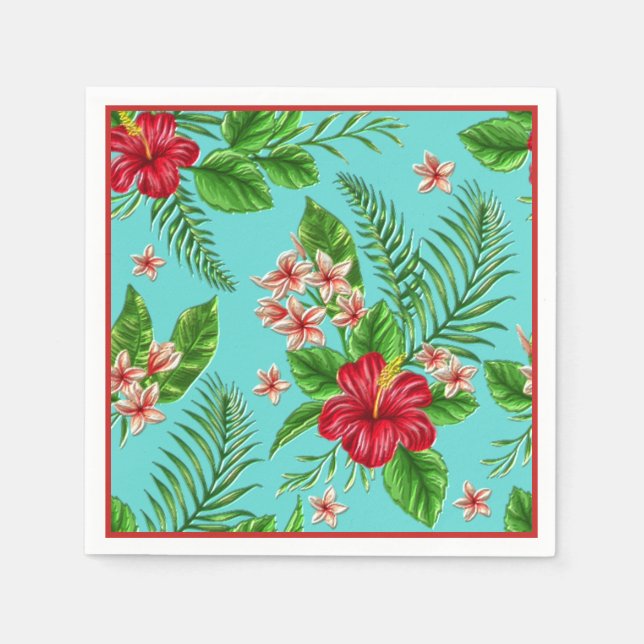 Cute Pink Tropical Hibiscus Flower On Turquoise Paper Napkins (Front)