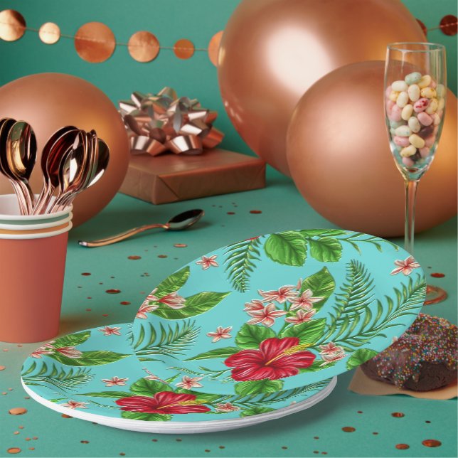 Cute Pink Tropical Hibiscus Flower On Turquoise Paper Plates (Multi)