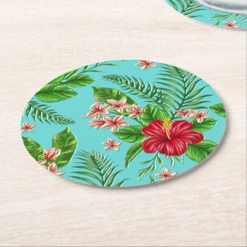Cute Pink Tropical Hibiscus Flower On Turquoise Round Paper Coaster
