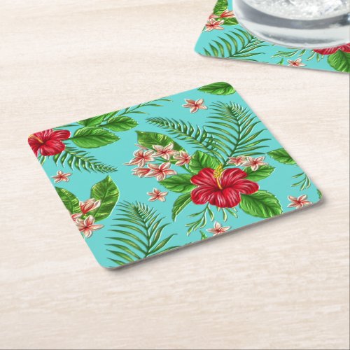 Cute Pink Tropical Hibiscus Flower On Turquoise Square Paper Coaster